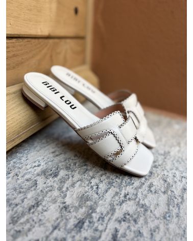 Mules plates cuir dentelé crème - BIBILOU
