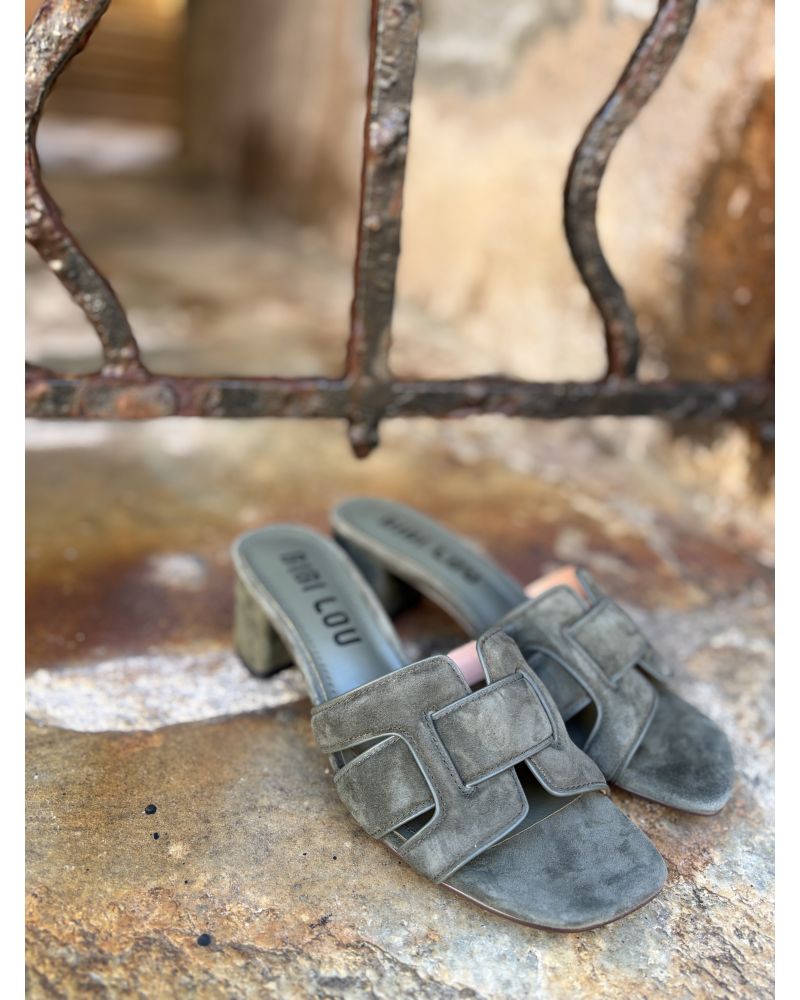 Mules talon nubuck entrelacé kaki - BIBILOU