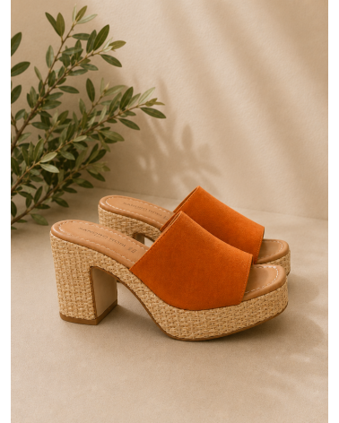Mules talon raphia et nubuck orange - SANDRO ROSI