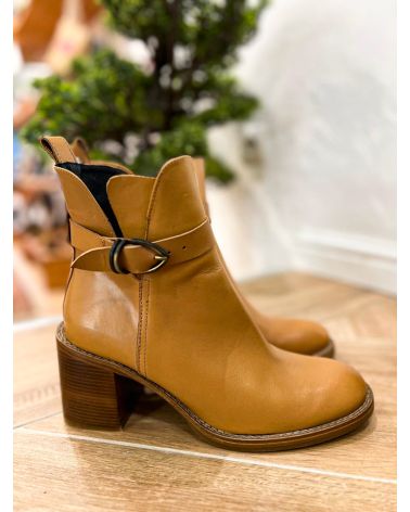 Bottines cuir camel talon carré - ZINDA