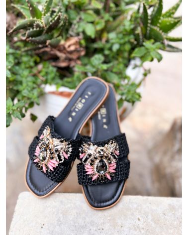 Mules raphia et bijou noir - FIORINA